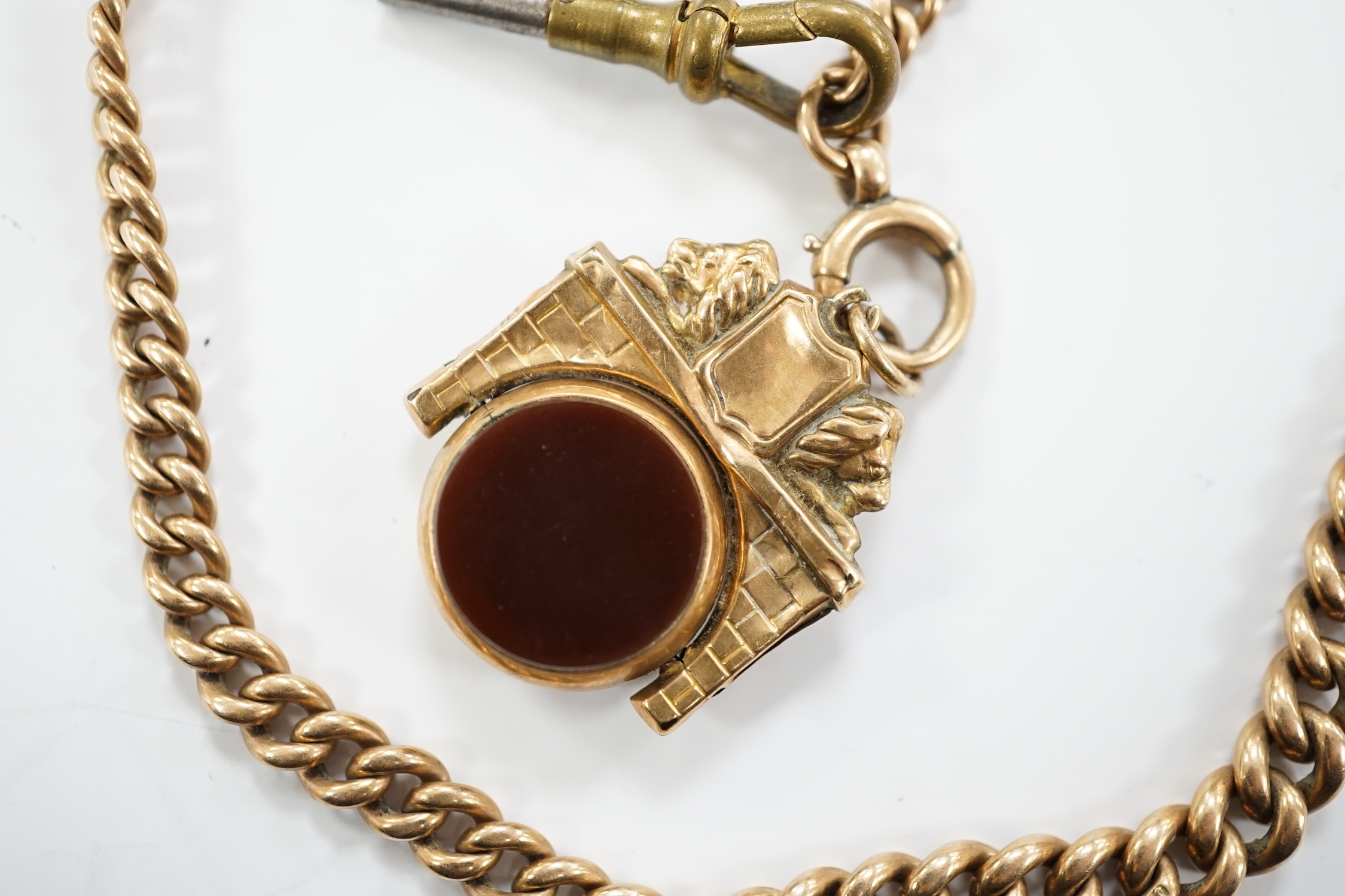 A 9ct gold albert with a bloodstone and carnelian set fob, gross weight 37.4 grams.
